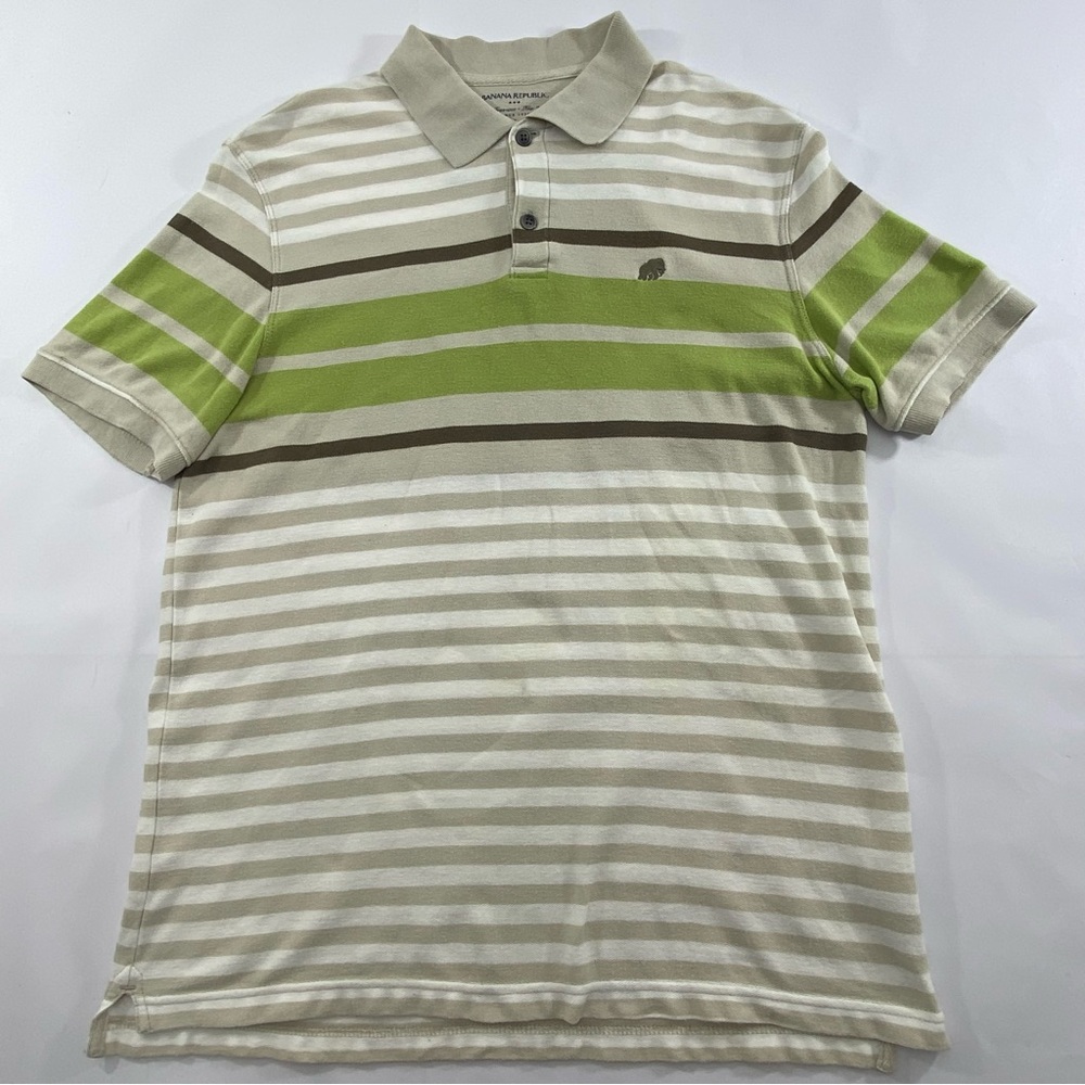 BANANA REPUBLIC Polo Shirt Green & Tan Striped Men’s Size Large